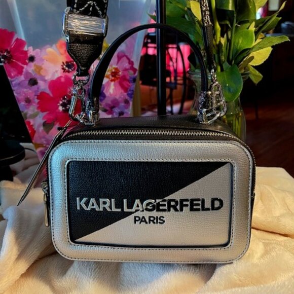 Karl Lagerfeld Paris, NWT Unisex Black Simone Two Tone Crossbody - Picture 1 of 8
